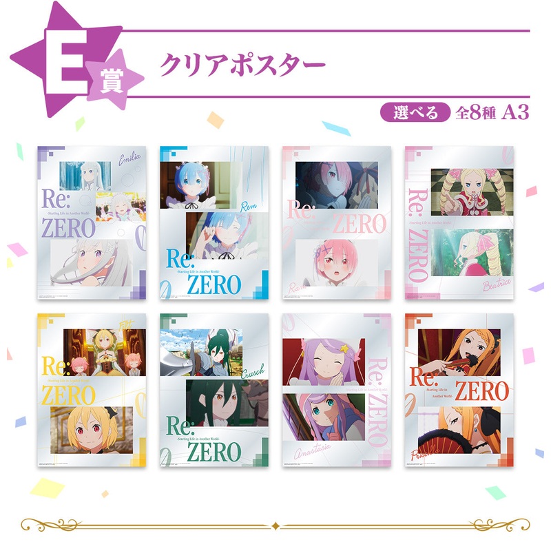 ICHIBAN KUJI RE:ZERO – COURAGE FOR YOU – E PRIZE – CLEAR POSTER Complete Set 8 Types